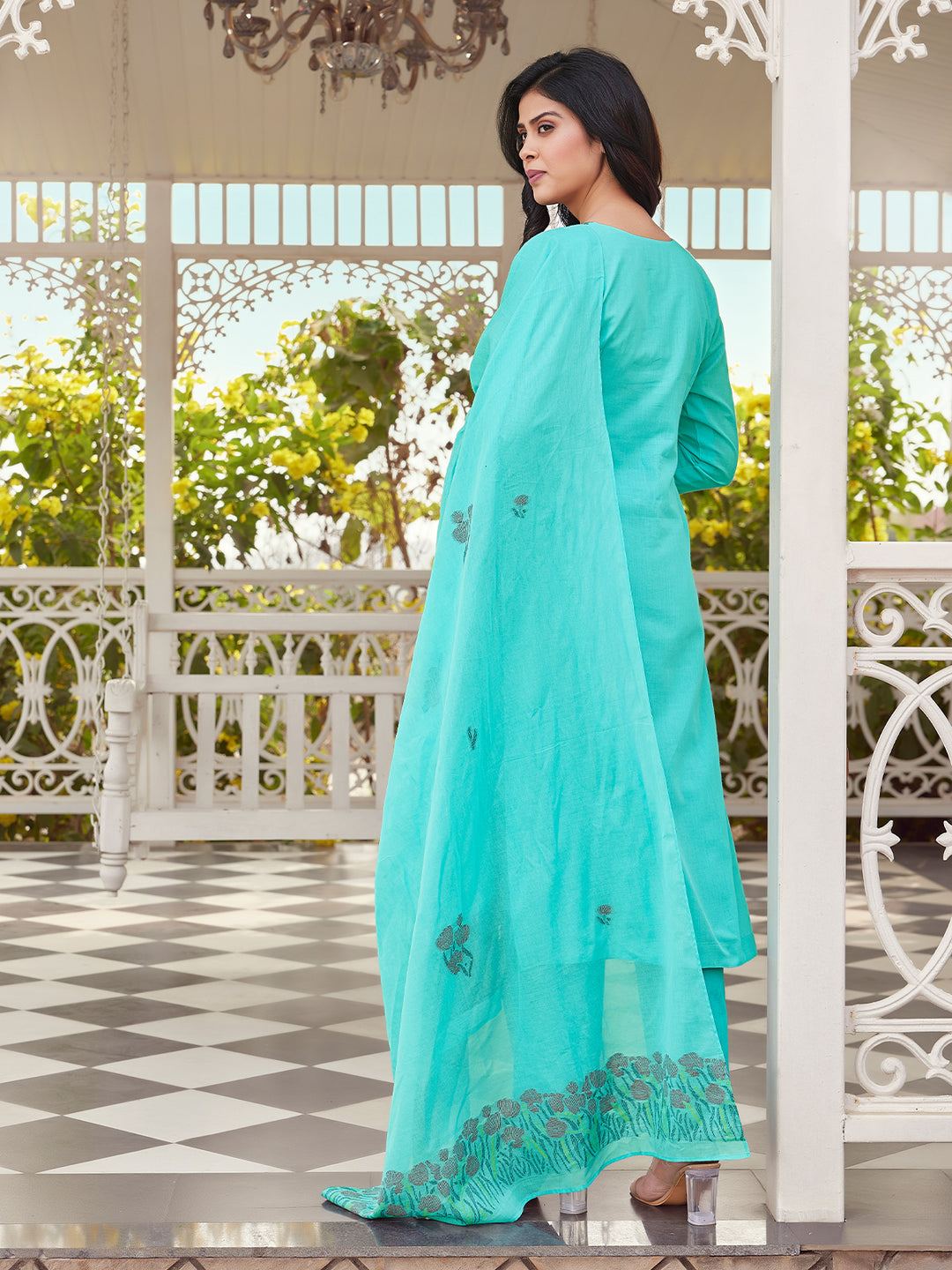 Aqua Blue Woven Cotton Suit Set