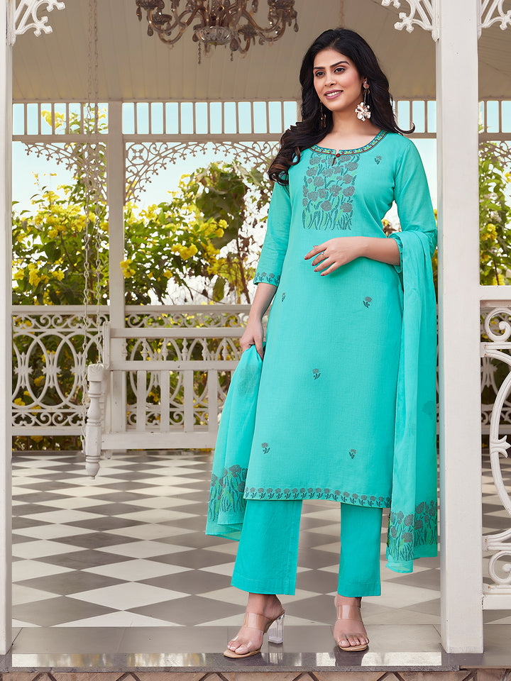Aqua Blue Woven Cotton Suit Set