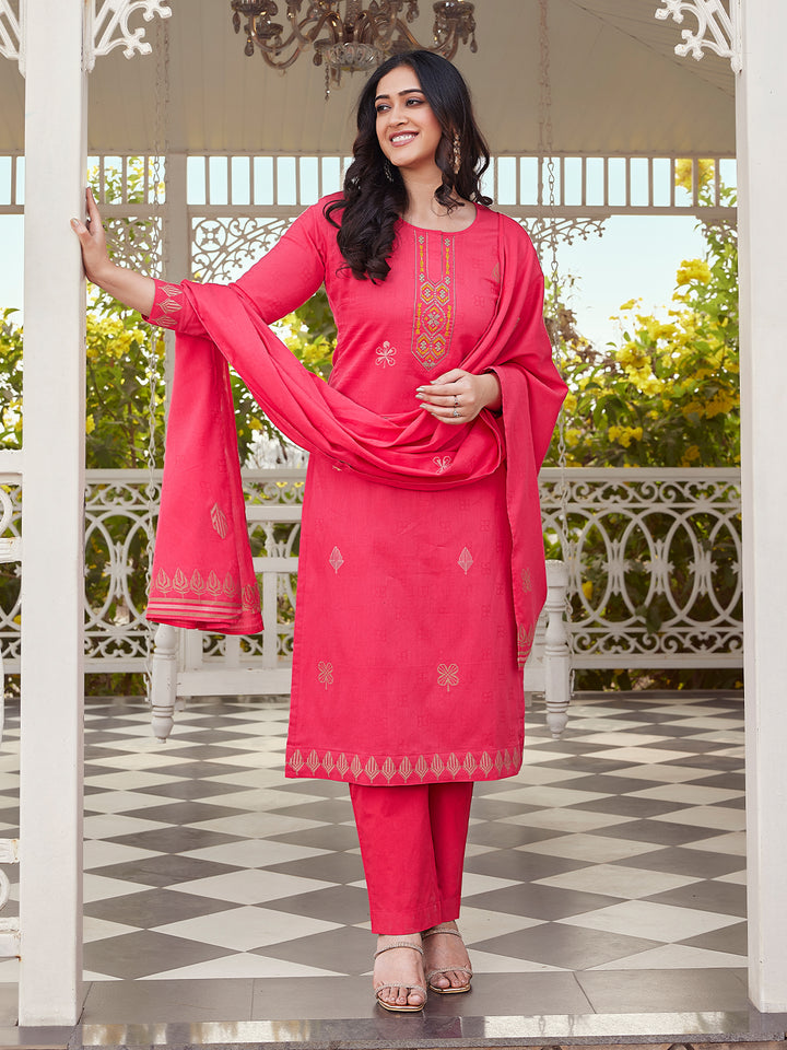 Fuchsia Pink Woven Cotton Suit Set