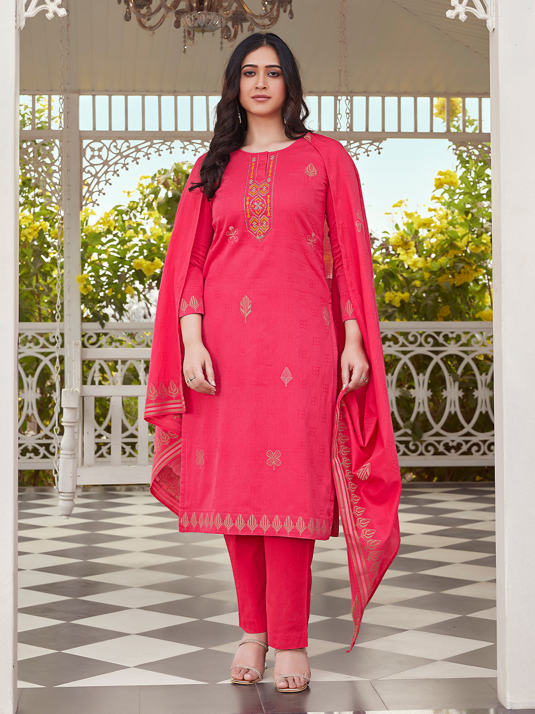 Fuchsia Pink Woven Cotton Suit Set