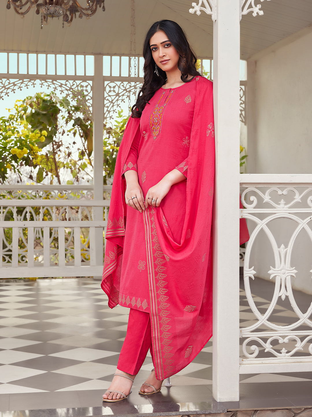 Fuchsia Pink Woven Cotton Suit Set