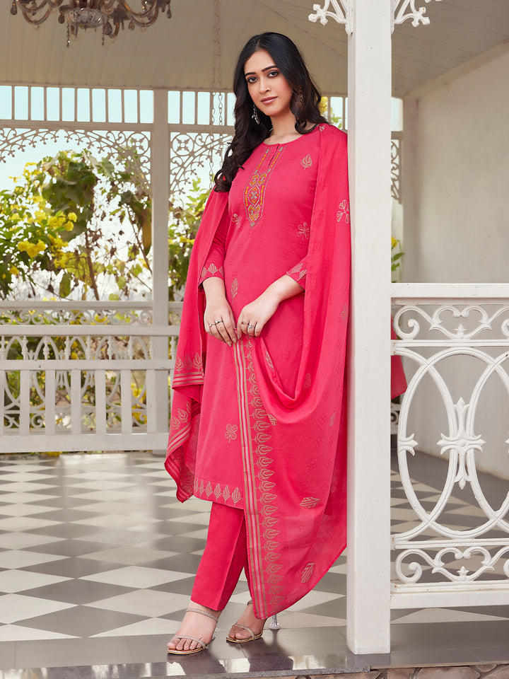Fuchsia Pink Woven Cotton Suit Set