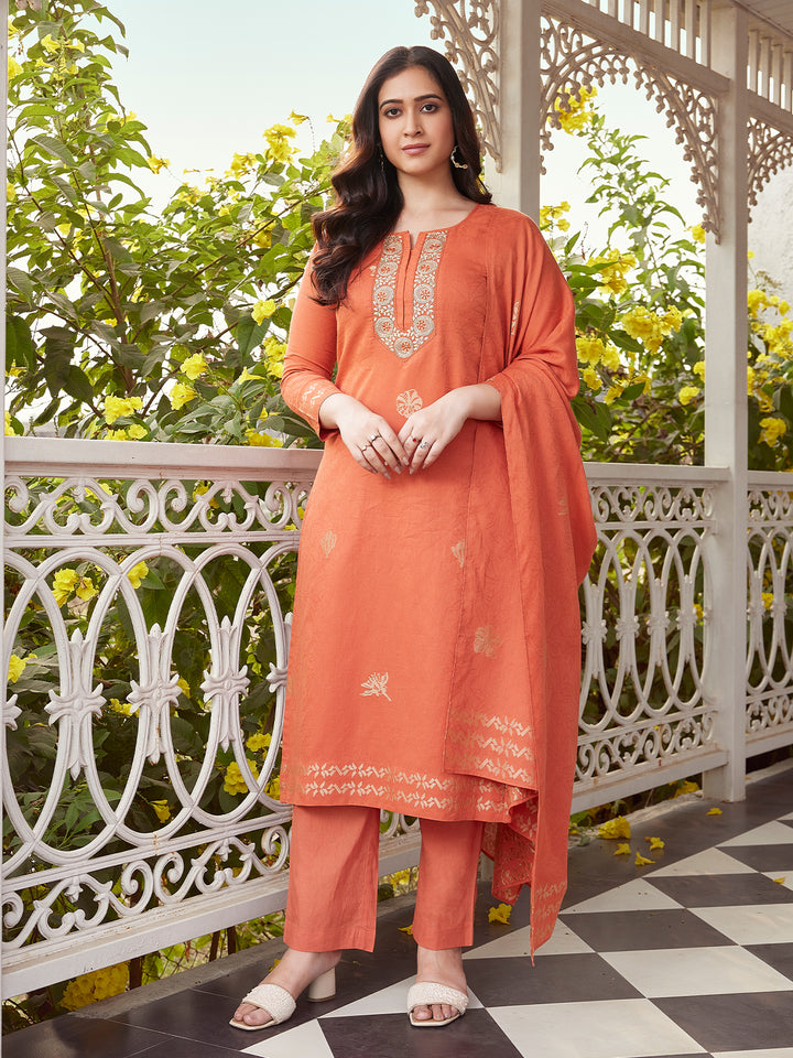 Orange Woven Cotton Suit Set
