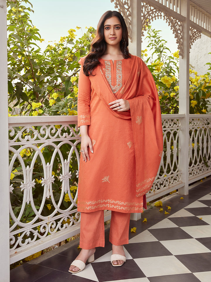Orange Woven Cotton Suit Set