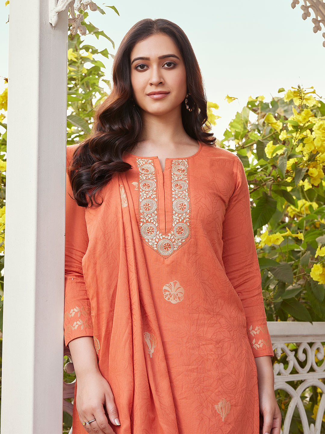 Orange Woven Cotton Suit Set