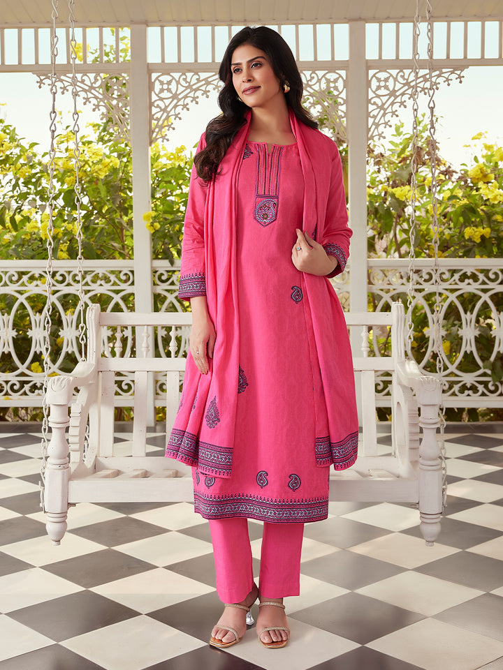 Pink Woven Cotton Suit Set
