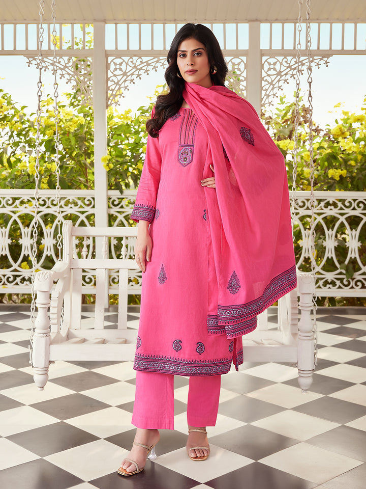 Pink Woven Cotton Suit Set