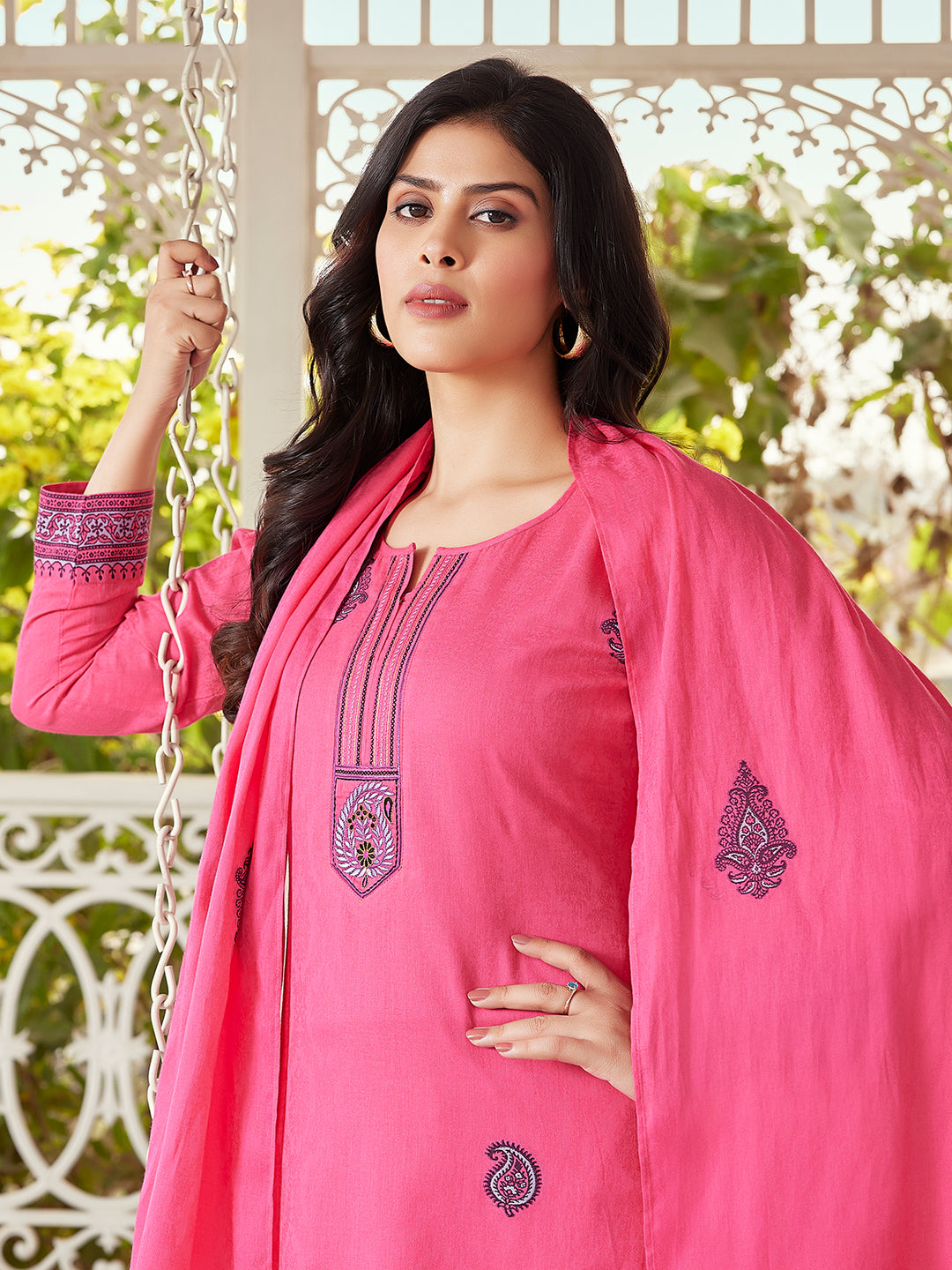 Pink Woven Cotton Suit Set