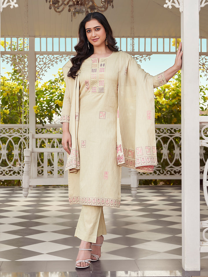 Beige Woven Woven Cotton Suit Set