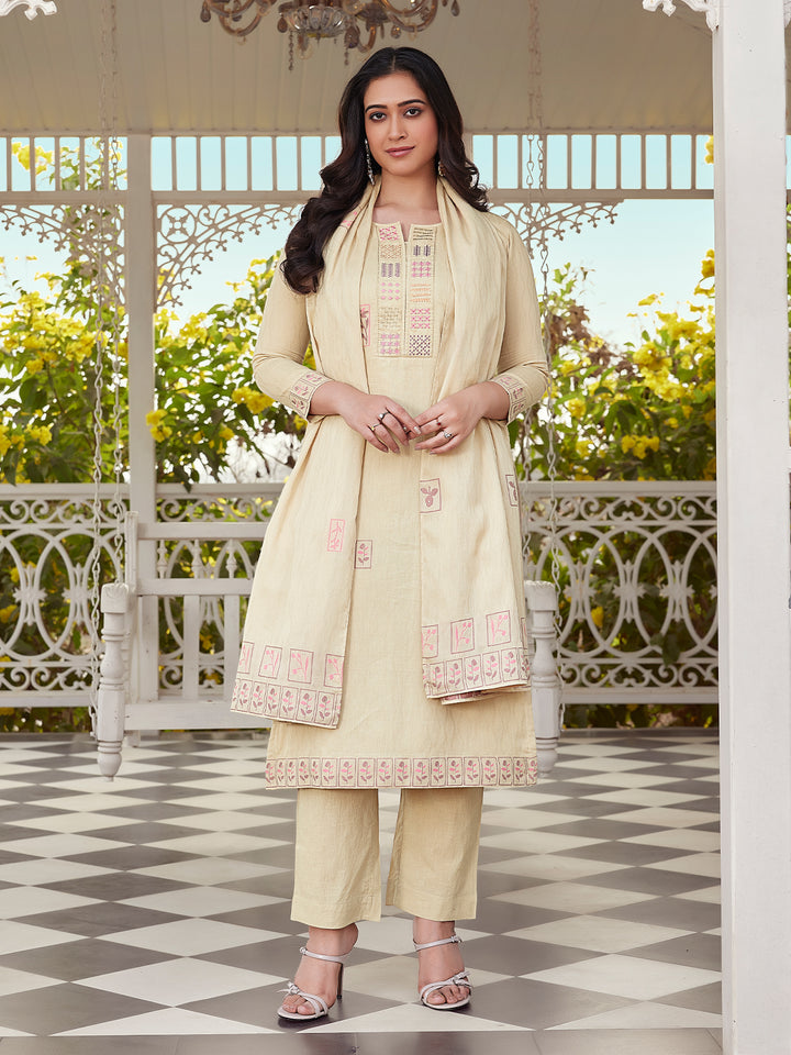 Beige Woven Woven Cotton Suit Set
