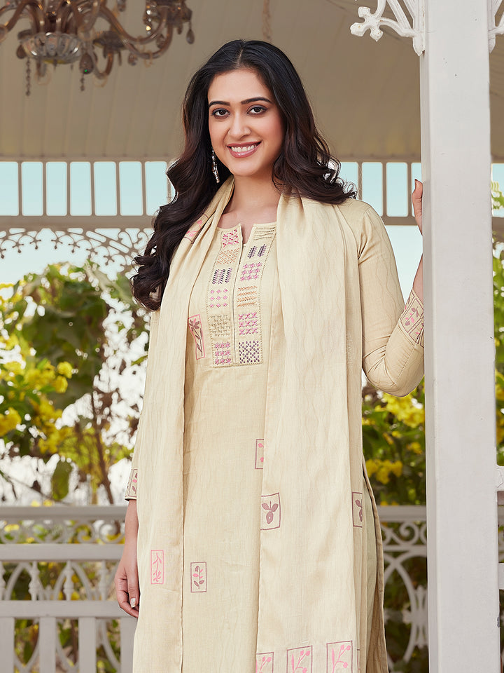 Beige Woven Woven Cotton Suit Set
