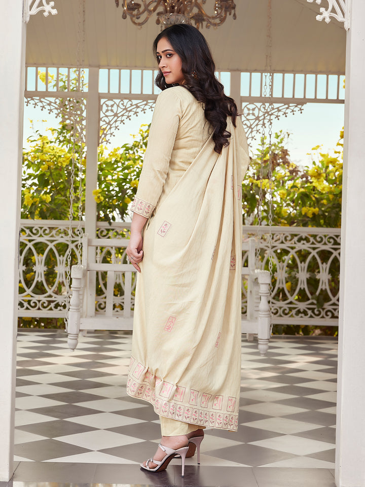 Beige Woven Woven Cotton Suit Set