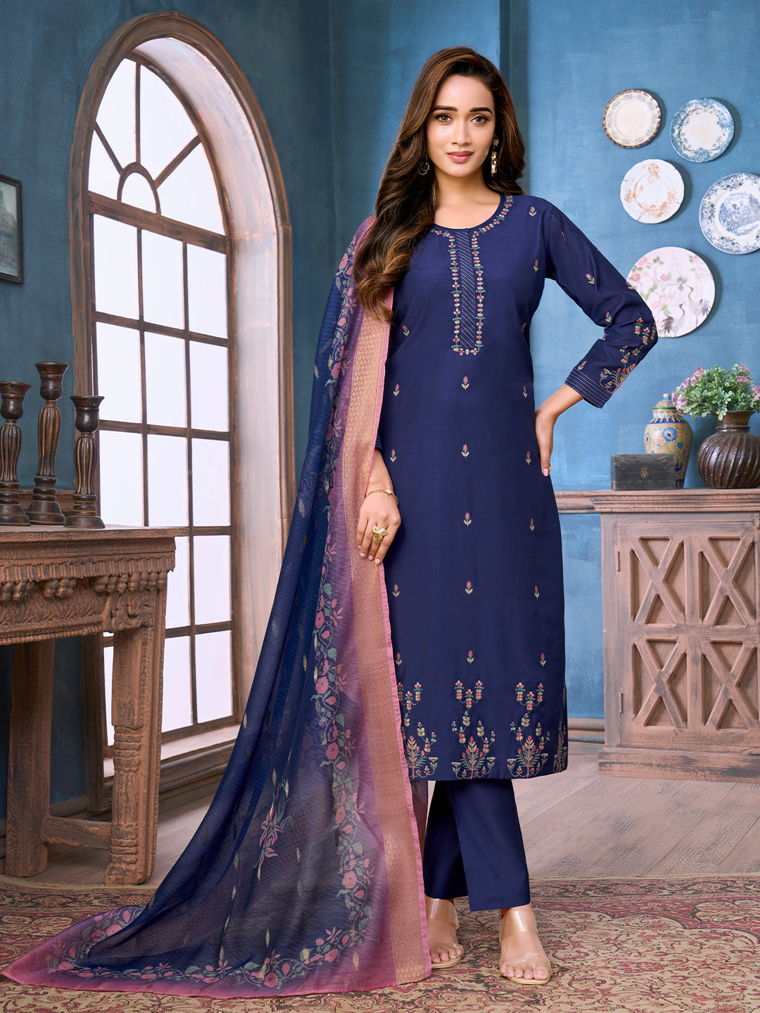 Indigo Chanderi Suit Set with Dupatta