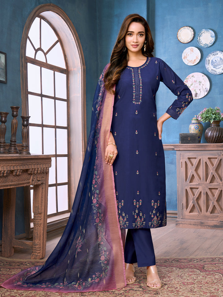 Indigo Chanderi Suit Set with Dupatta