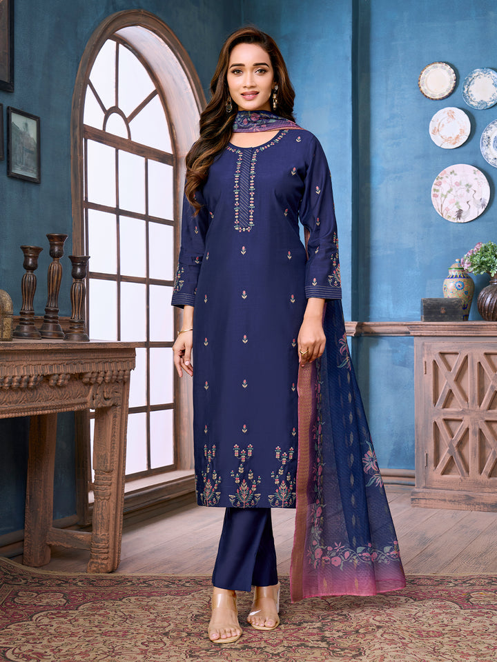 Indigo Chanderi Suit Set with Dupatta