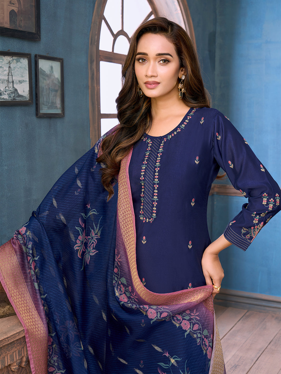 Indigo Chanderi Suit Set with Dupatta