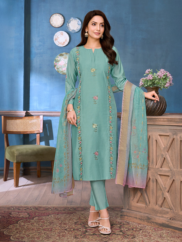 Dusky Aqua Green Chanderi Suit Set with Dupatta