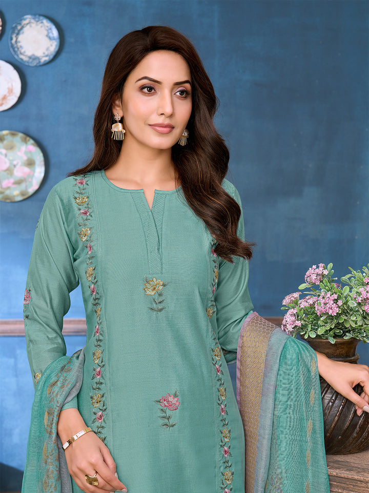 Dusky Aqua Green Chanderi Suit Set with Dupatta
