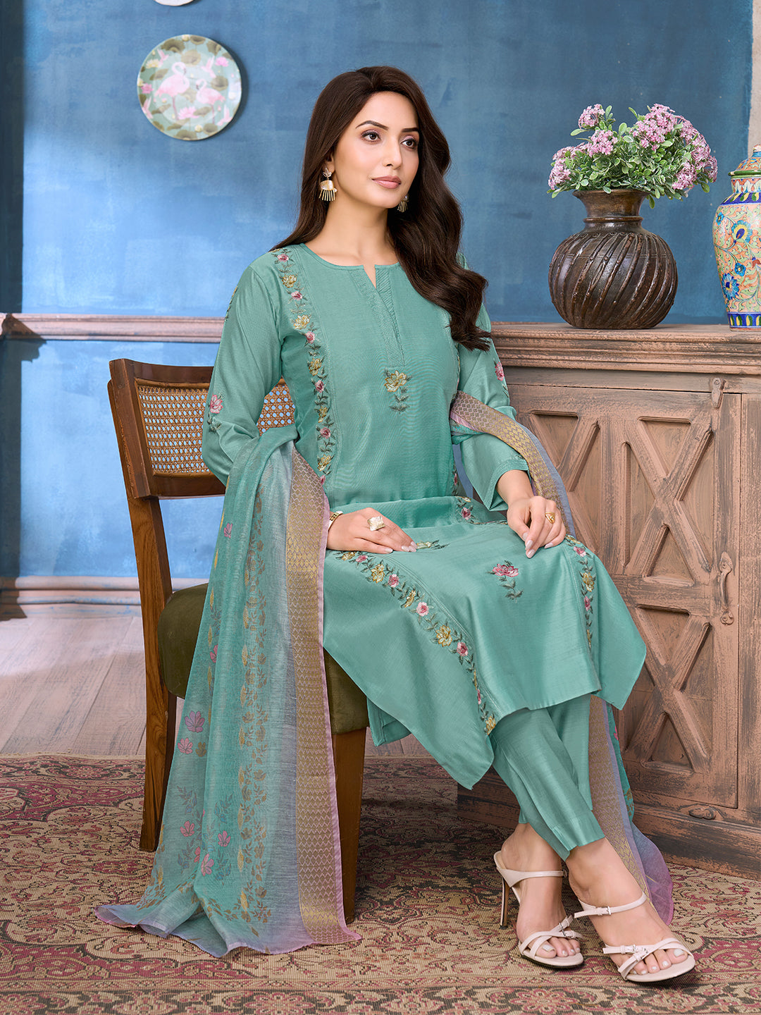 Dusky Aqua Green Chanderi Suit Set with Dupatta