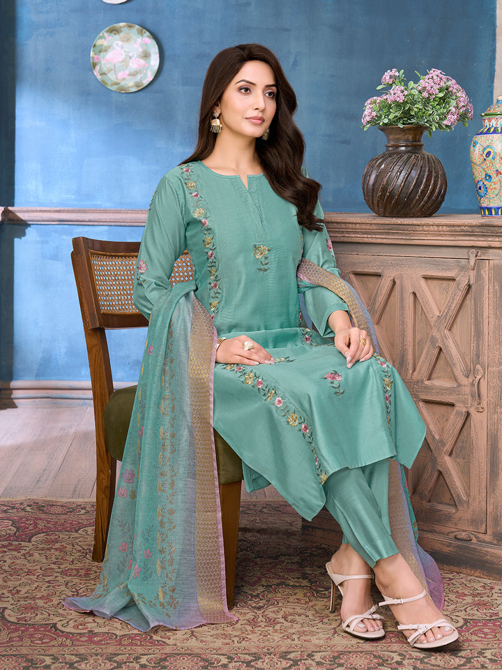 Dusky Aqua Green Chanderi Suit Set with Dupatta