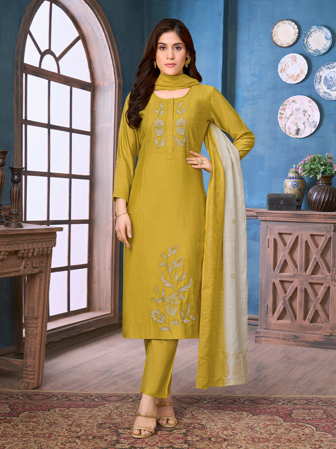 Mustard Yellow Chanderi Suit Set with Dupatta