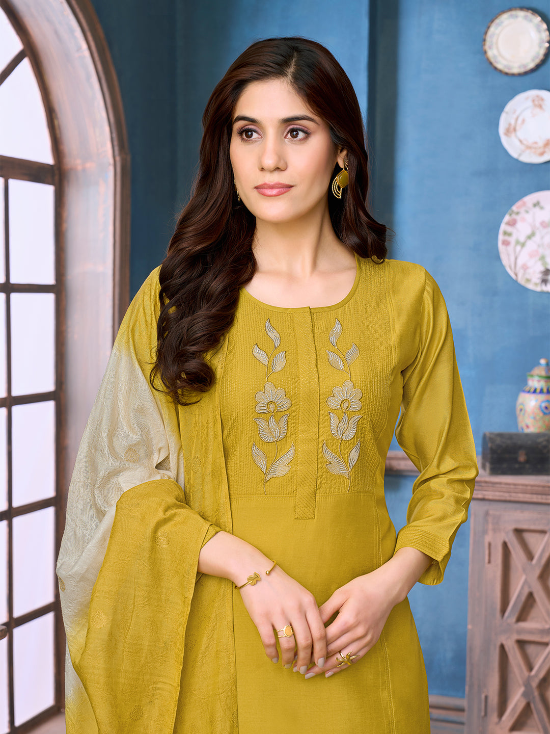 Mustard Yellow Chanderi Suit Set with Dupatta