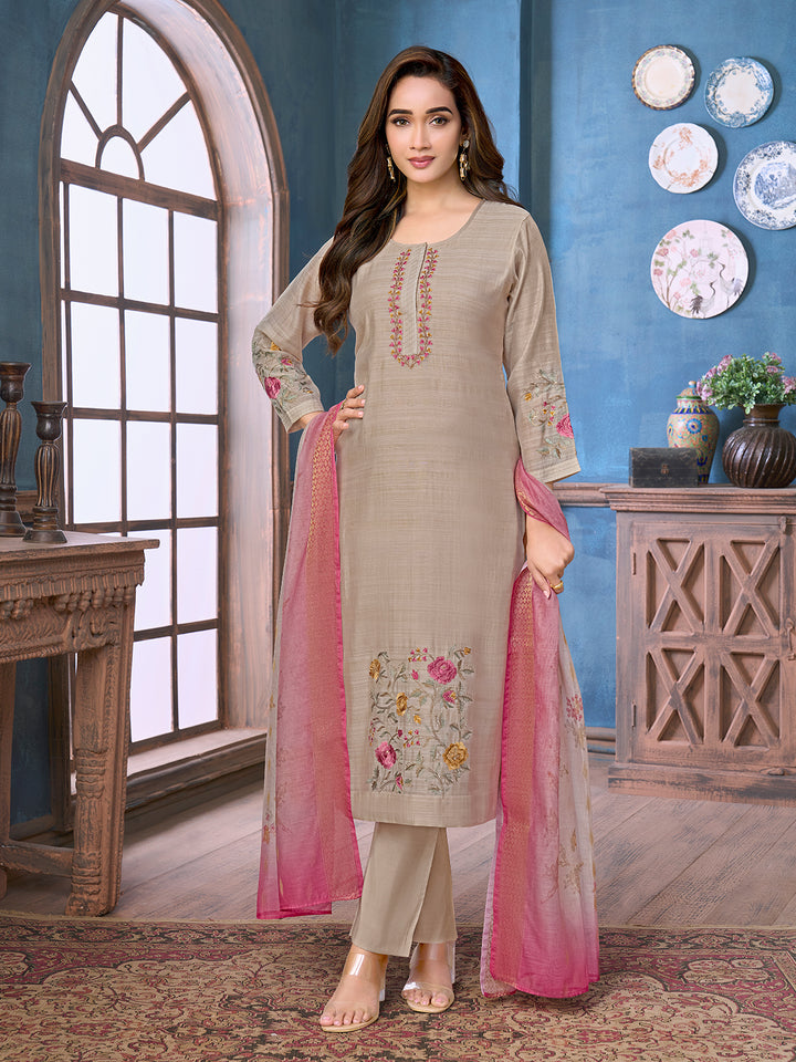 Taupe Grey Chanderi Suit Set with Dupatta