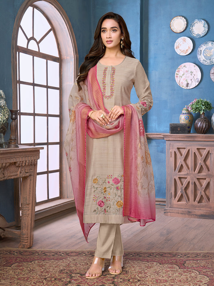 Taupe Grey Chanderi Suit Set with Dupatta