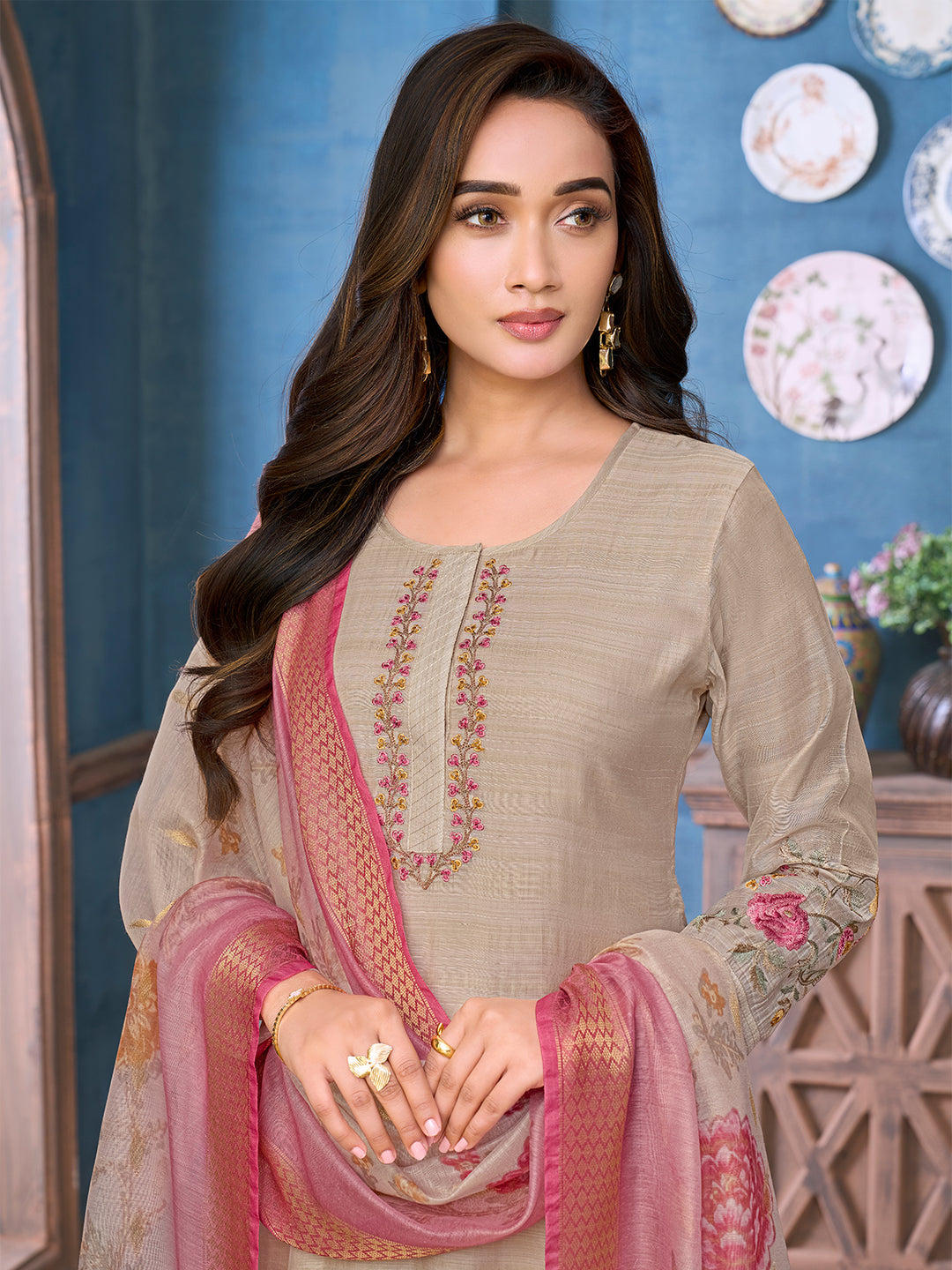 Taupe Grey Chanderi Suit Set with Dupatta