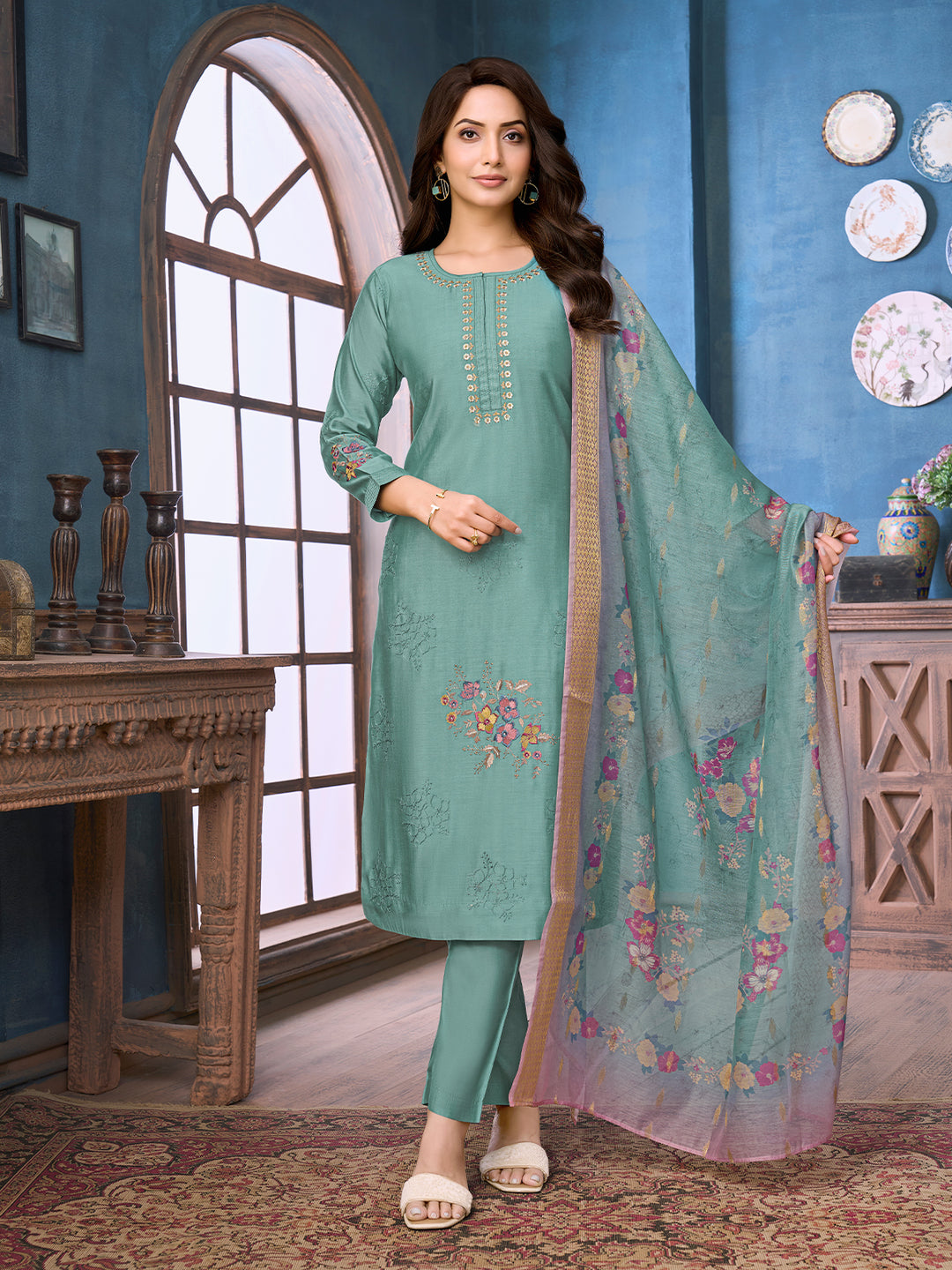 Dusky Aqua Chanderi Suit Set with Dupatta