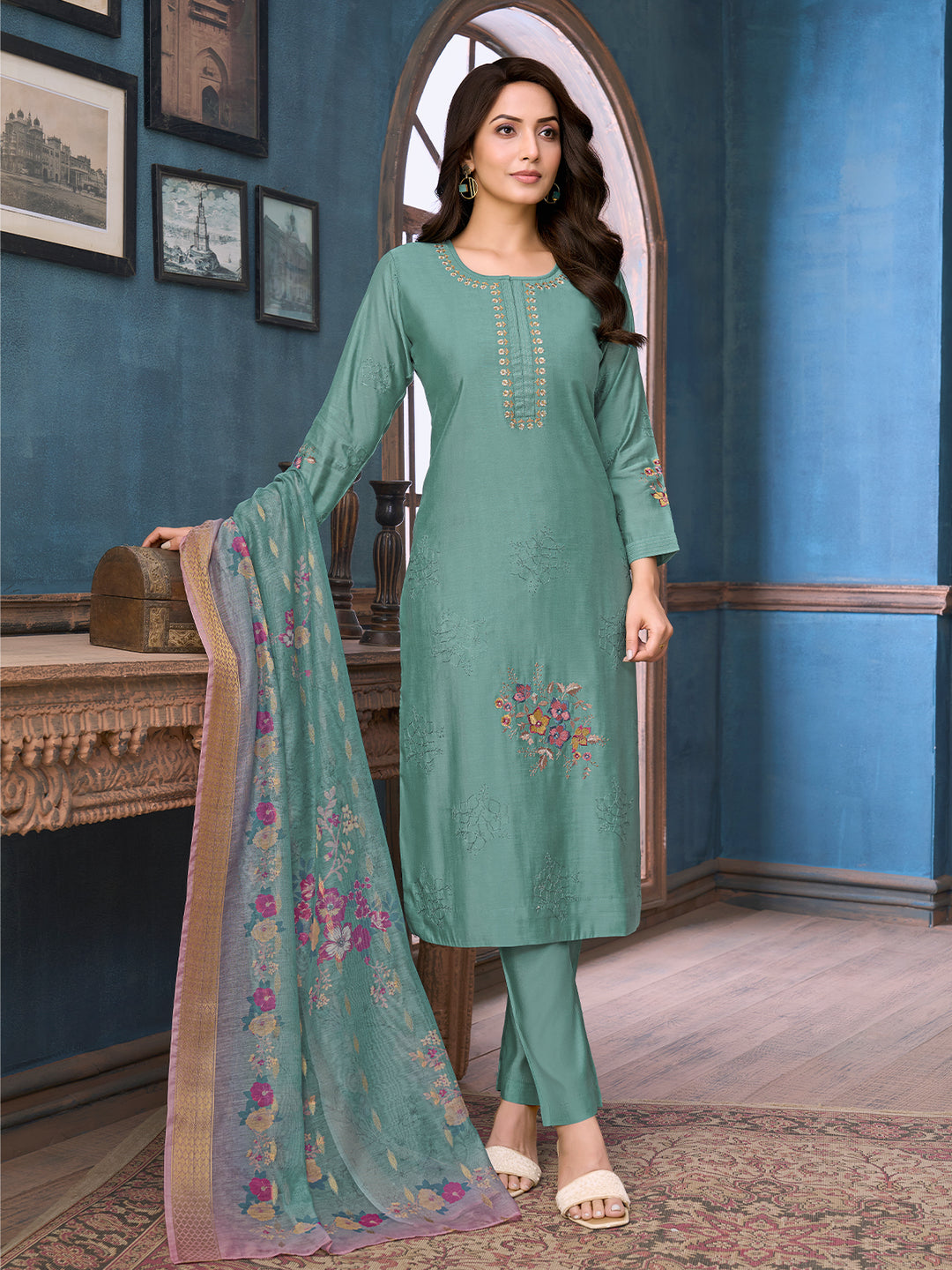 Dusky Aqua Chanderi Suit Set with Dupatta