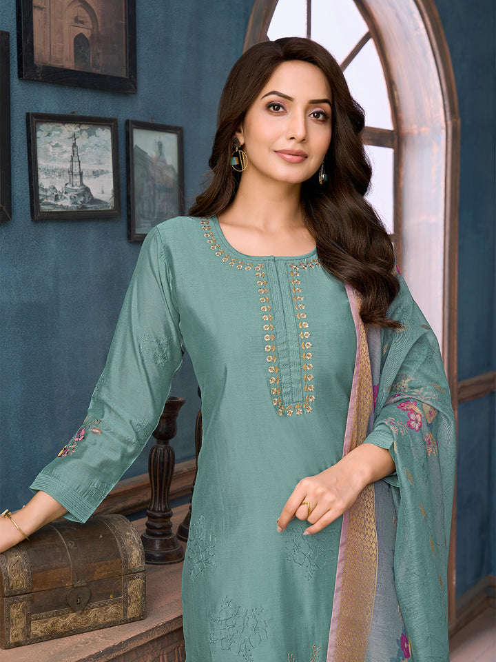 Dusky Aqua Chanderi Suit Set with Dupatta