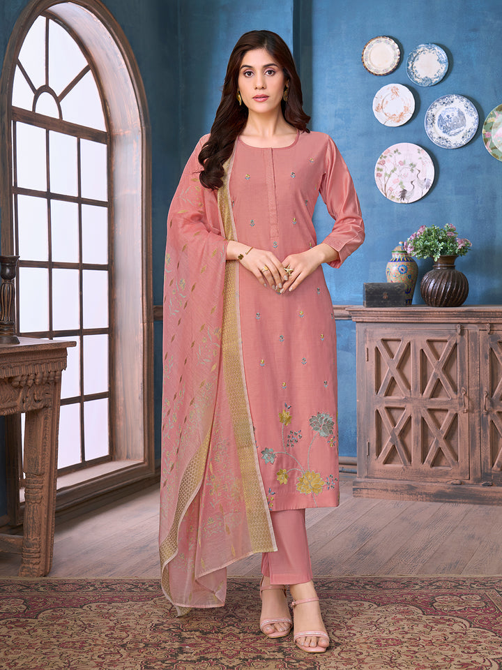 Rose Peach Chanderi Suit Set with Dupatta