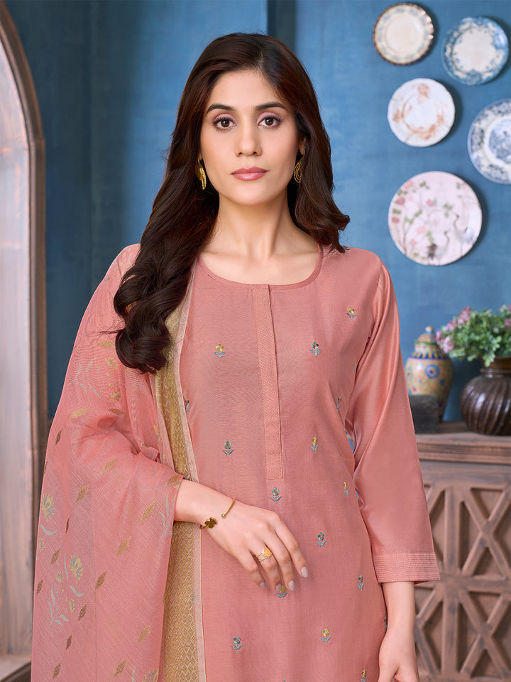 Rose Peach Chanderi Suit Set with Dupatta