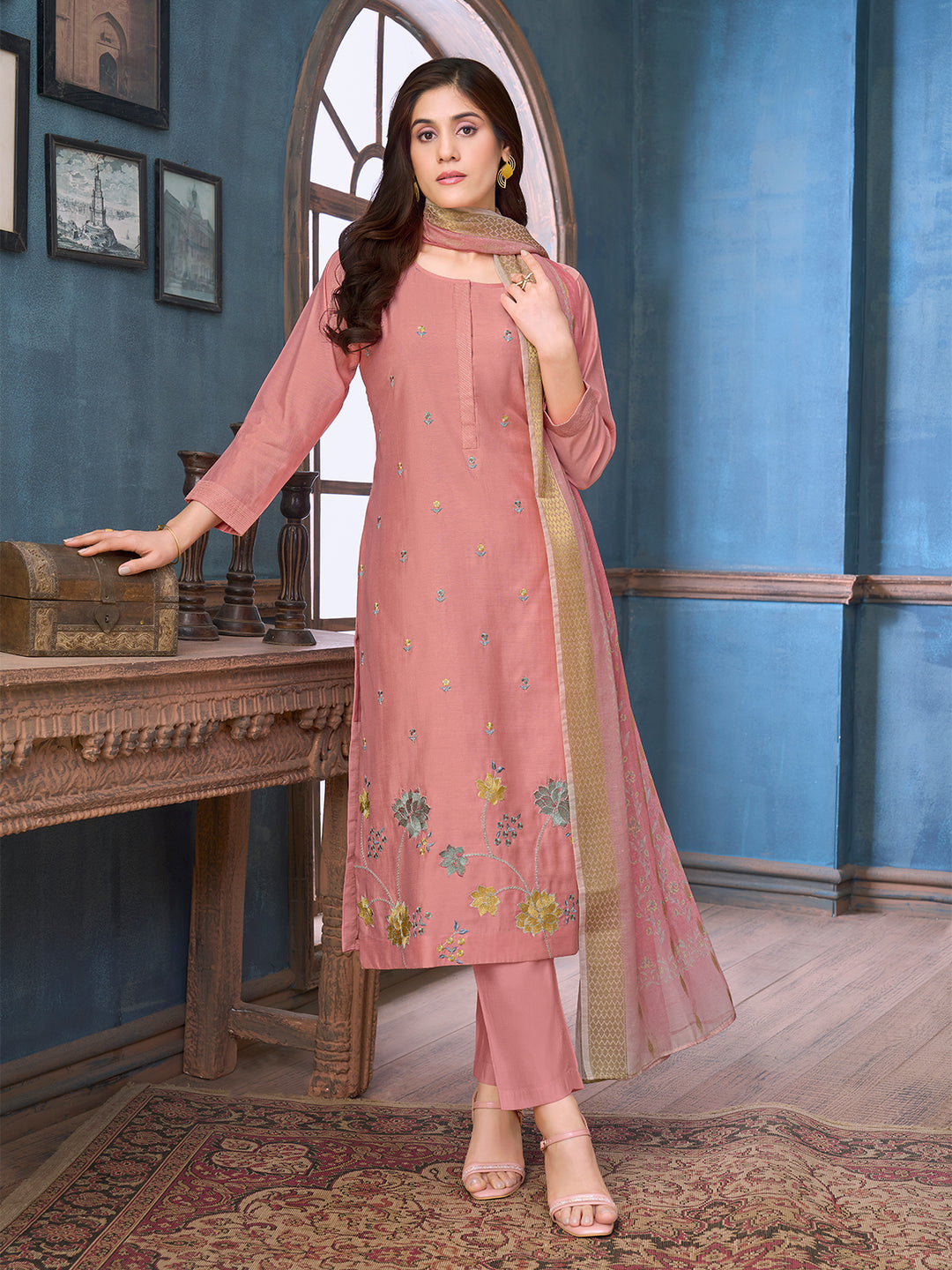 Rose Peach Chanderi Suit Set with Dupatta