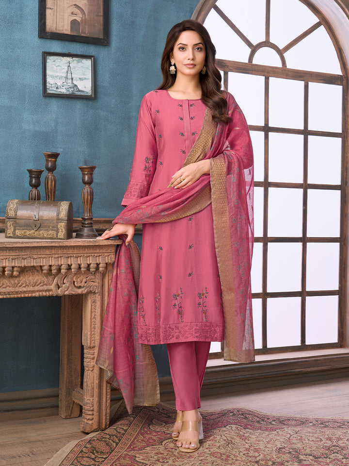 Pink Chanderi Suit Set with Dupatta