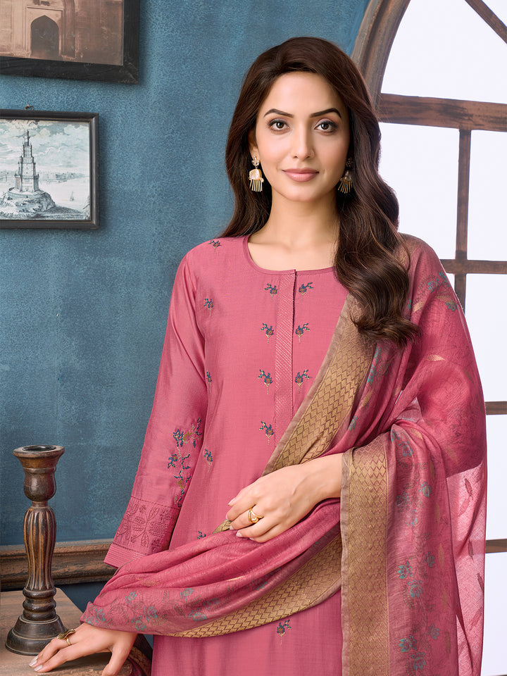 Pink Chanderi Suit Set with Dupatta