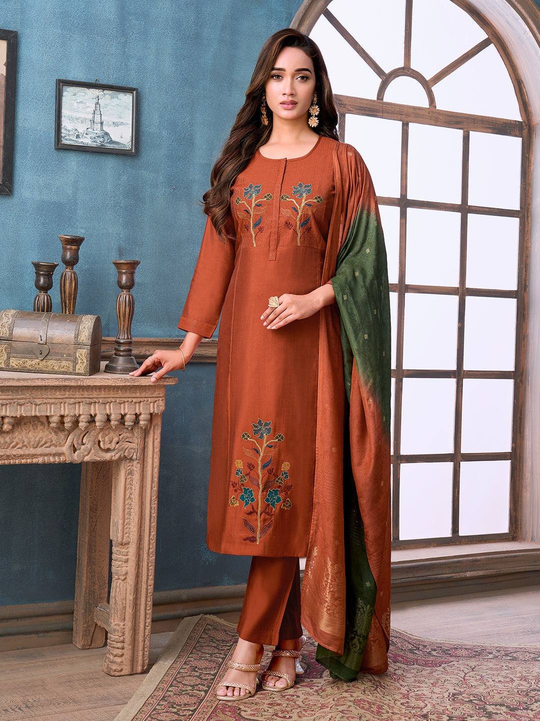 Burnt Rust Chanderi Suit Set with Dupatta