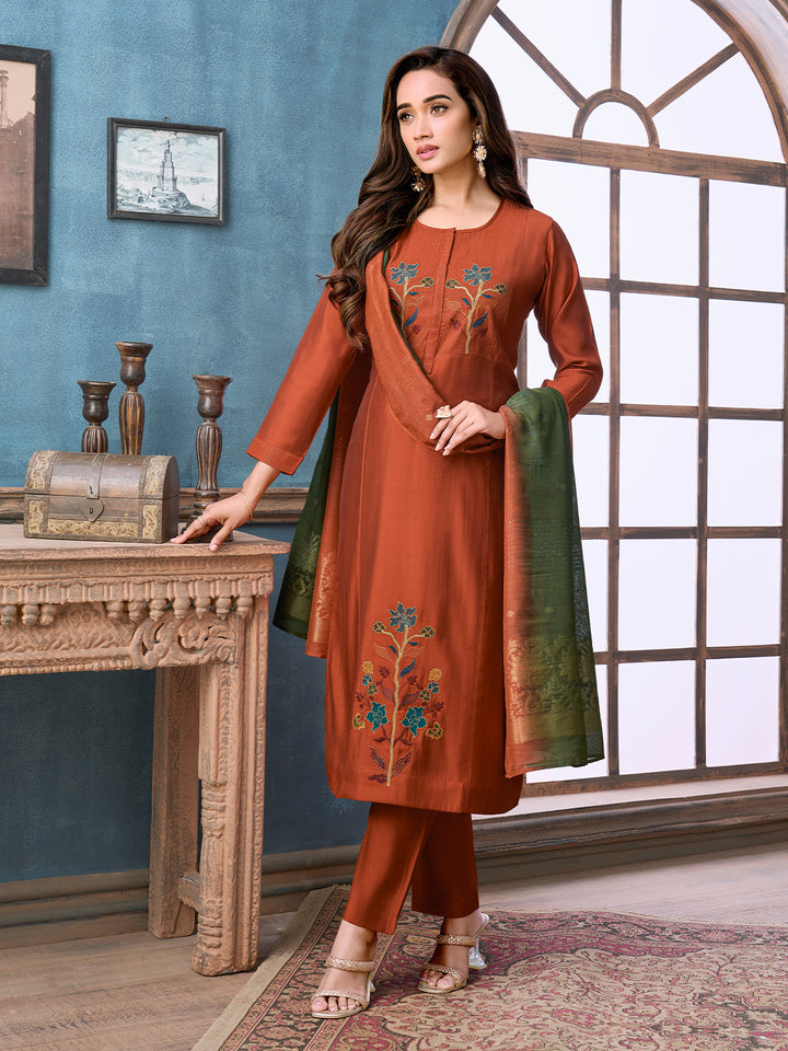 Burnt Rust Chanderi Suit Set with Dupatta