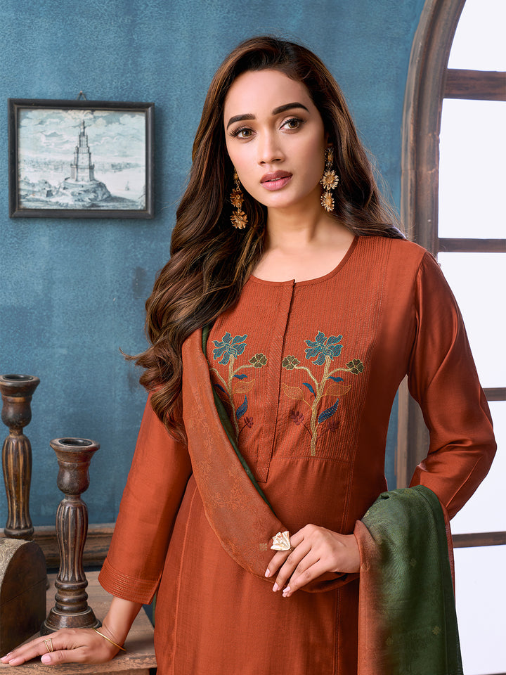 Burnt Rust Chanderi Suit Set with Dupatta