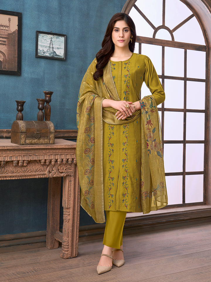 Olive Green Chanderi Suit Set with Dupatta