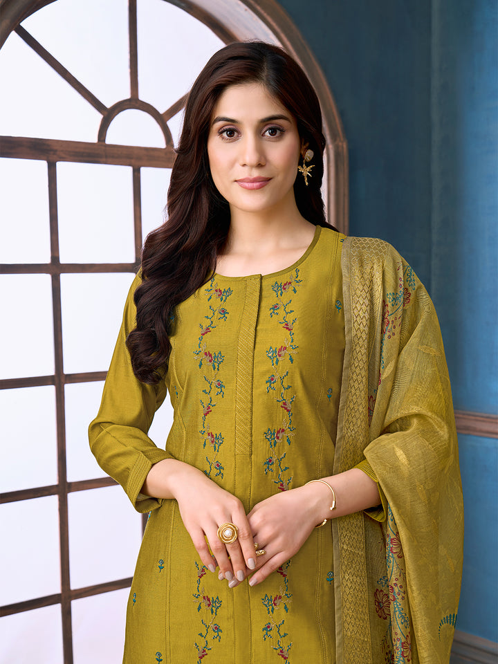 Olive Green Chanderi Suit Set with Dupatta