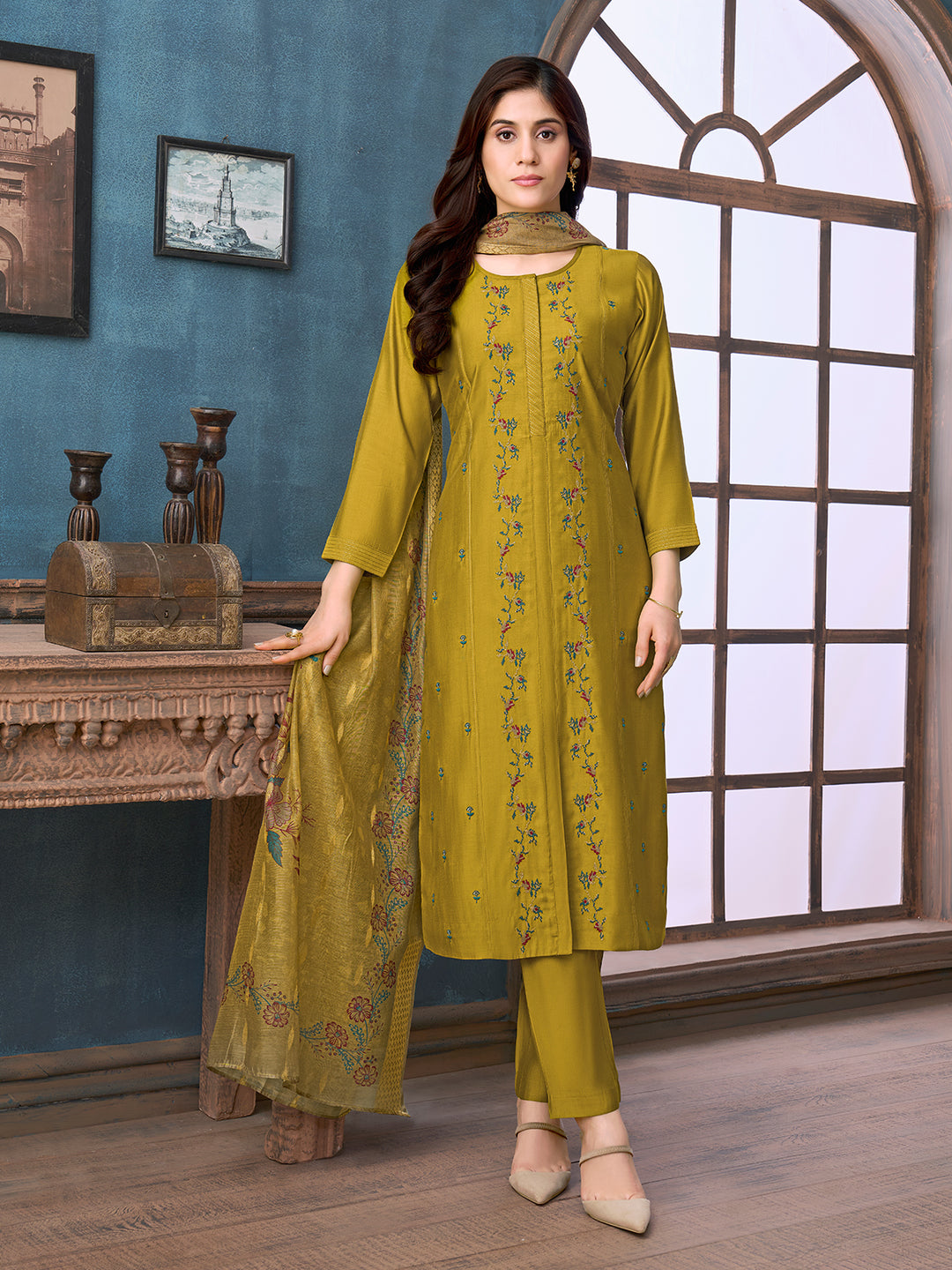 Olive Green Chanderi Suit Set with Dupatta