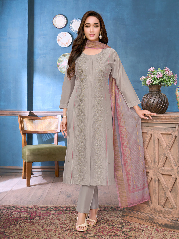 Grey Chanderi Suit Set with Dupatta