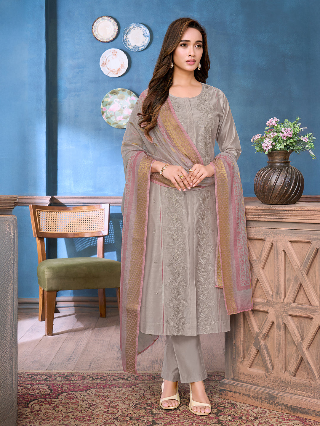 Grey Chanderi Suit Set with Dupatta