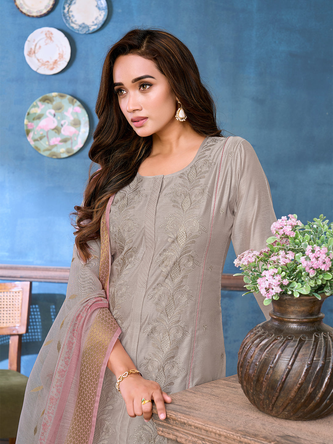 Grey Chanderi Suit Set with Dupatta