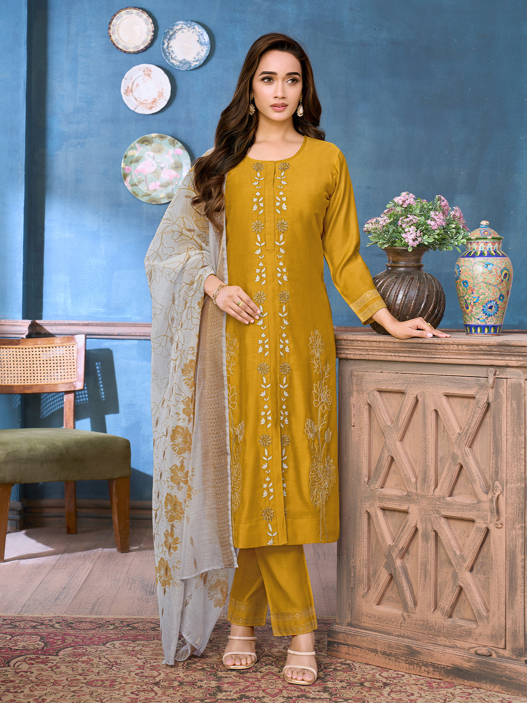 Golden Mustard Chanderi Suit Set with Dupatta