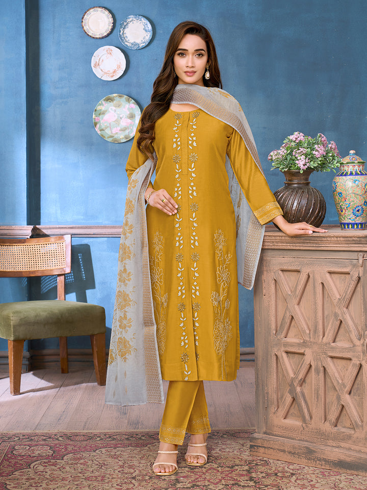 Golden Mustard Chanderi Suit Set with Dupatta
