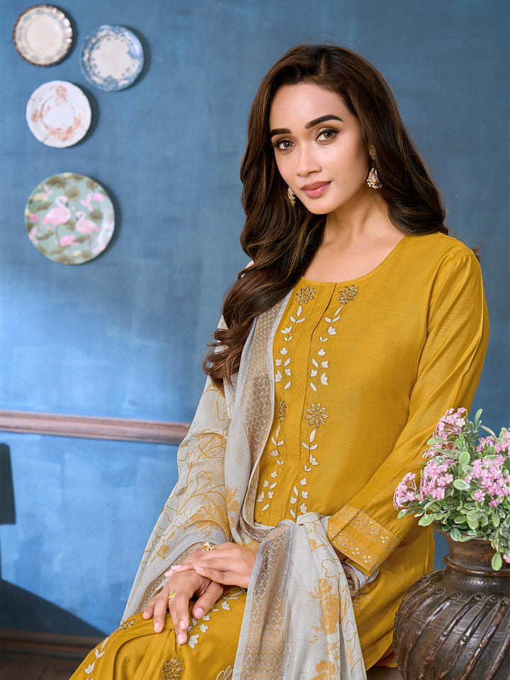 Golden Mustard Chanderi Suit Set with Dupatta
