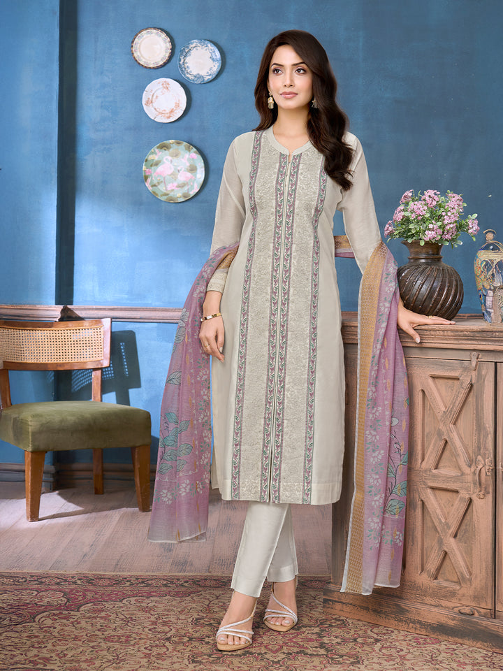 Pearl Grey Chanderi Suit Set with Dupatta